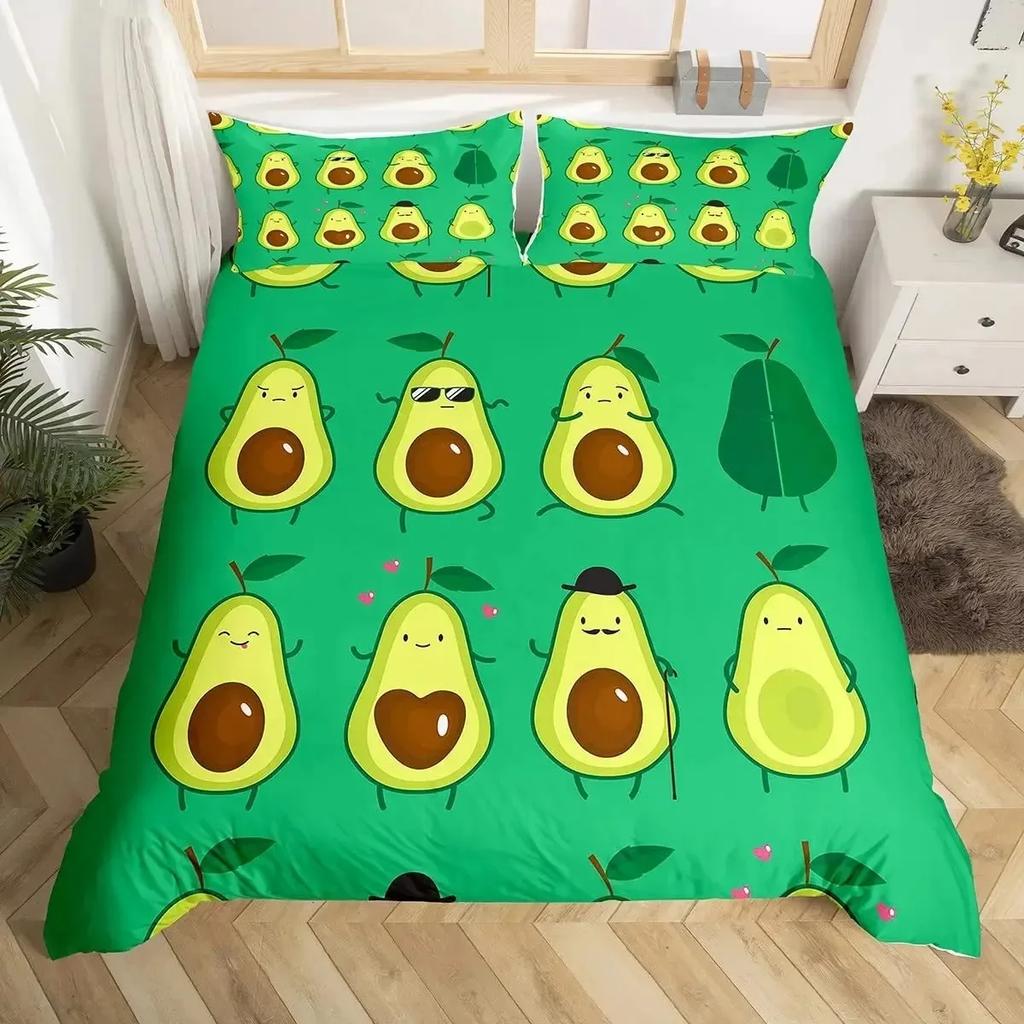 Avocado Duvet Cover Set Queen Size 3D Printed Cartoon Funny Faces Avocado Bedding Set Green White,Tropical Botanical Quilt Cover