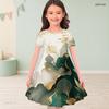 Girls Round Neck Short Sleeve Black Blue Floral Tree Printed A Line Flared Dress