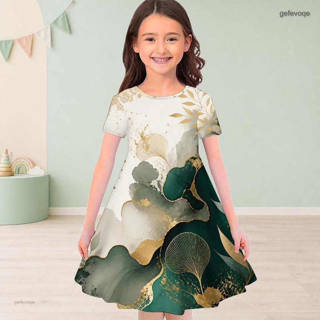 Girls Round Neck Short Sleeve Black Blue Floral Tree Printed A Line Flared Dress