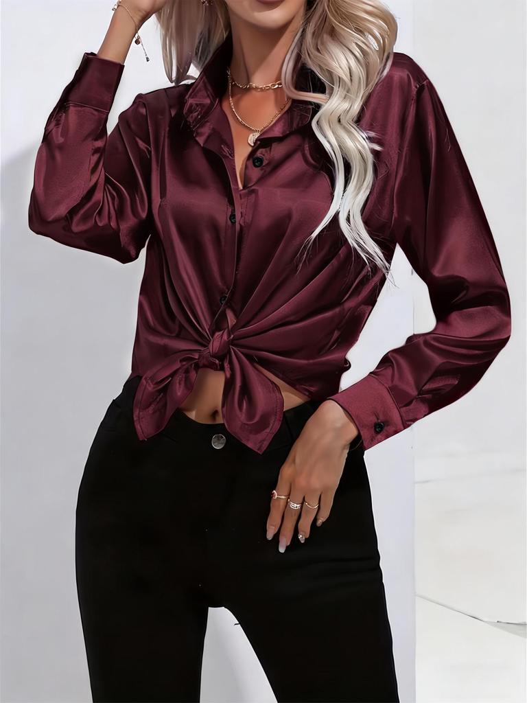 Chemise Satinée Brillante Élégante à Manches Longues pour Femme – Polyvalente pour le Printemps, l'Automne et Toutes les Saisons