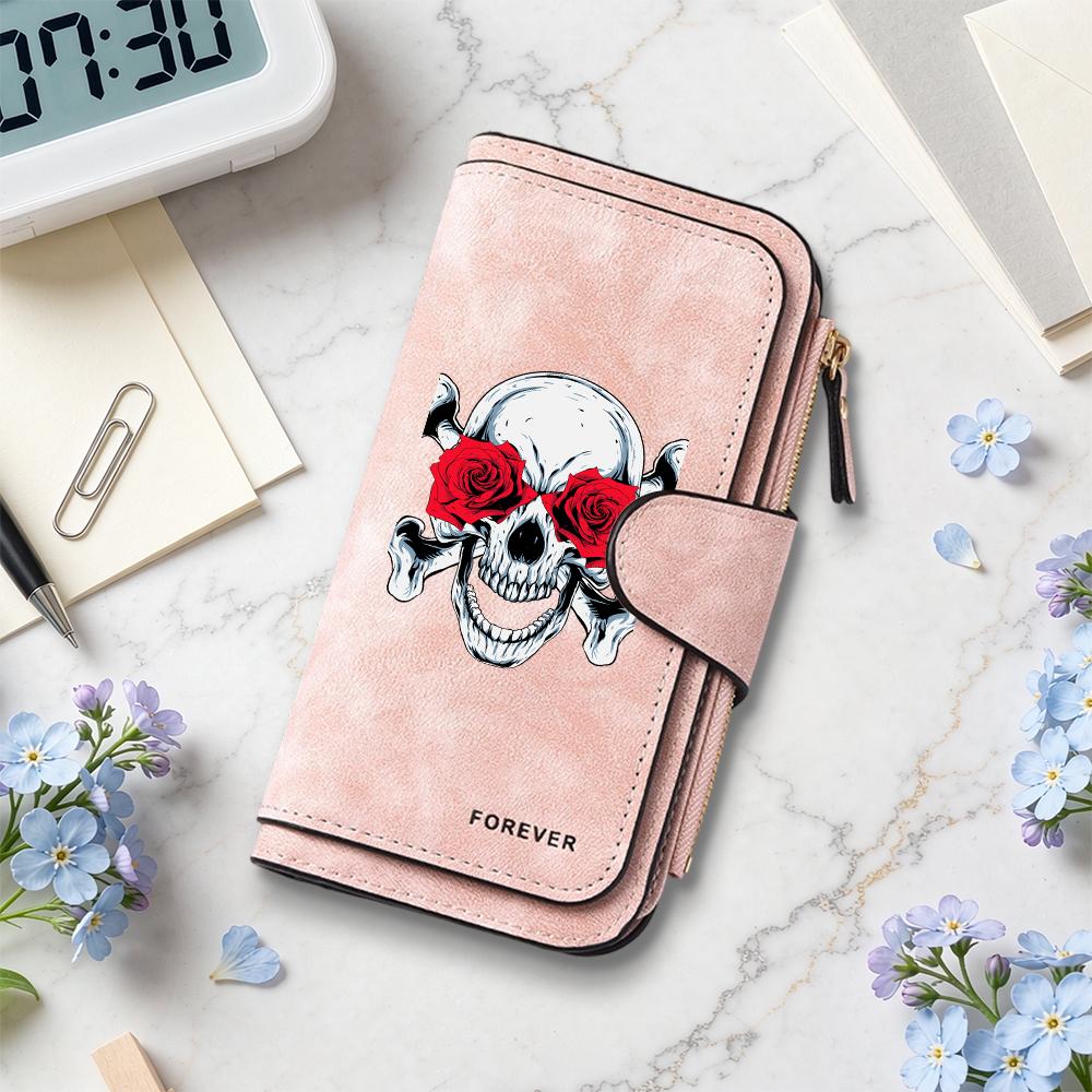 Gothic Skull Rose Long Wallet Fashion Bifold Multi Card Holder Purse