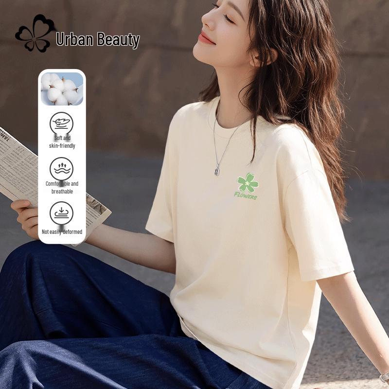 

Women s Summer Pure Cotton Short Sleeve T-Shirt with Youthful Floral Print L