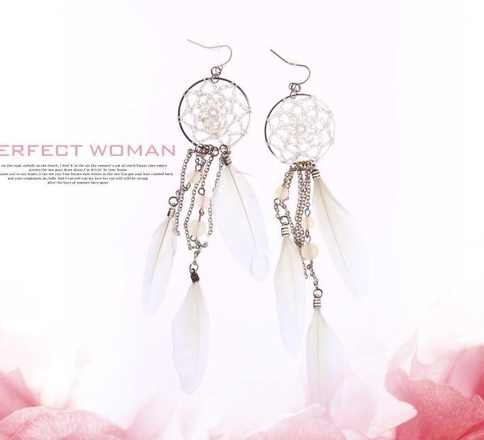 Woven Crystal Chain Tassel Feather Earrings белый