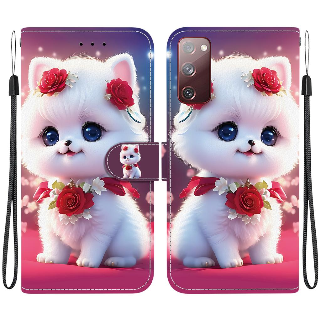 Handgefertigte PU-Leder-Flip-Hülle für Samsung Galaxy S20 FE/S20 Lite (SM-G781B/G780F) Rutschfeste Stoßfeste Hülle mit Handschlaufe & Herz/Rose Katze Designs