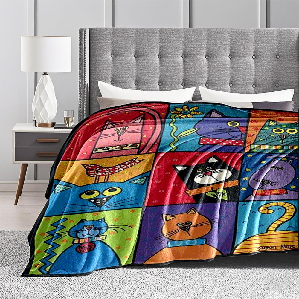 Colorful Cartoon Cats Pattern Flannel Blanket for Bedroom, Living Room, Sofa, and Nap