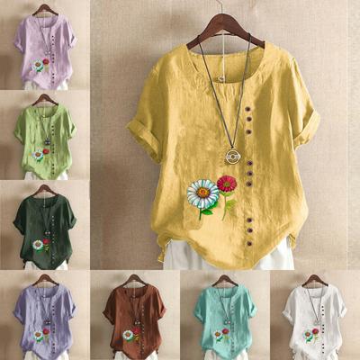Women's Fashion Round Neck Short Sleeve T-shirt Casual Cotton Linen Graphic Shirt Leisure Loose Flowers Prined Summer Blouse Tops