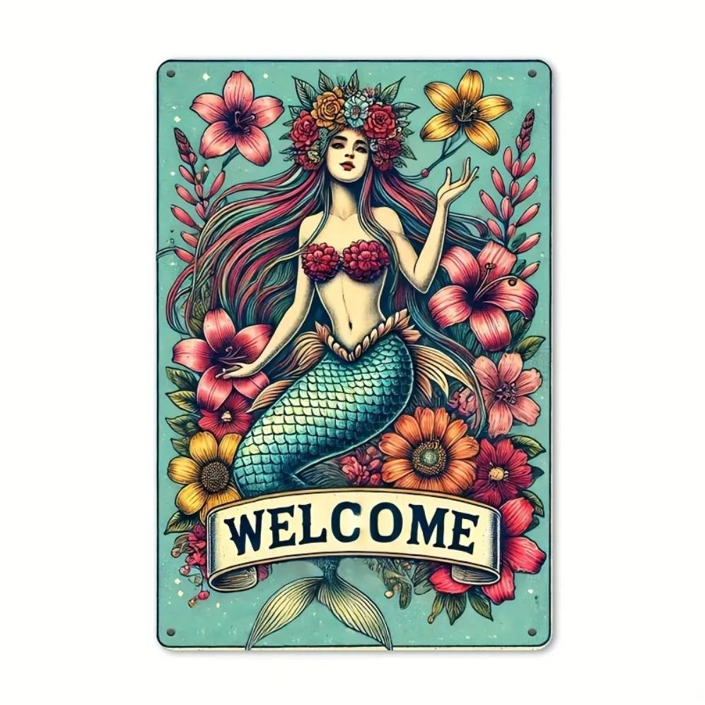 

Vintage Mermaid Welcome Iron Wall Decor 8x12 Inch Colorful Floral Design for IndoorOutdoor Use Ideal Gift 20x30cm