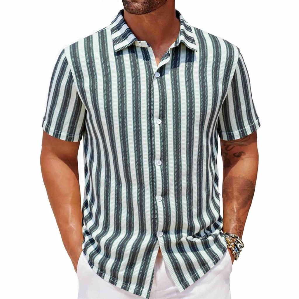 Men's Summer Beach Casual Shirt Yarn-dyed Striped Short-sleeved Lapel Shirt