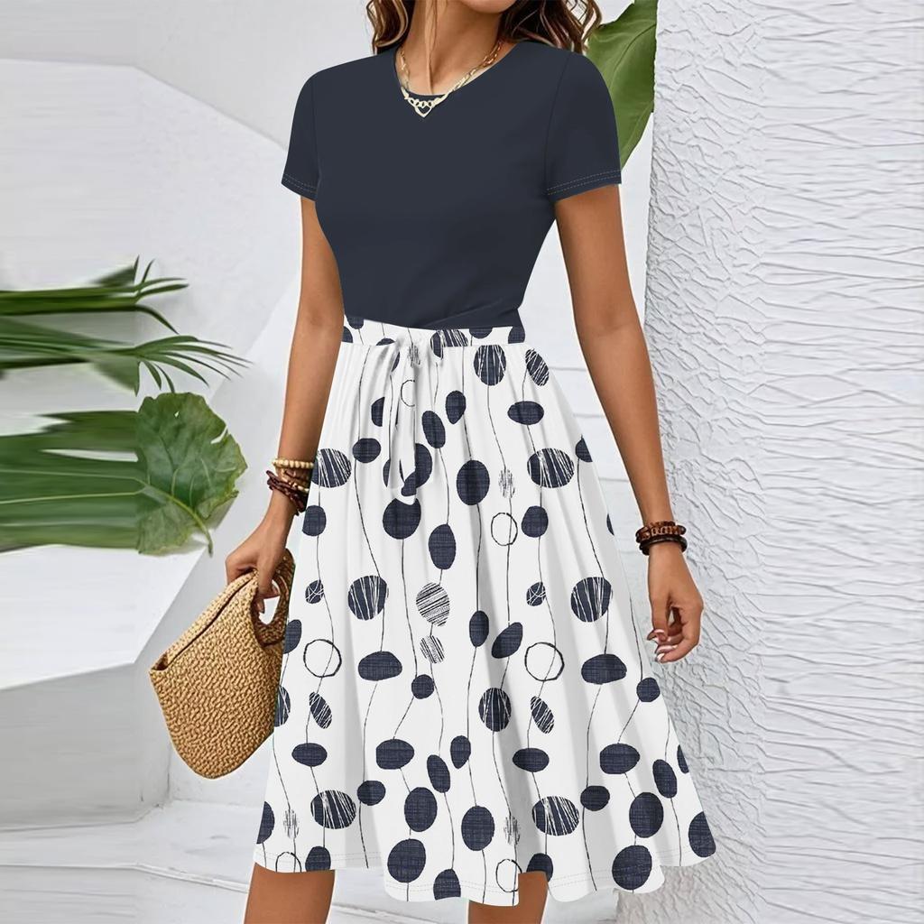 Women's Casual Fashion Belted Floral Printed Short Sleeve Round Neck Elegant Flowing Dress