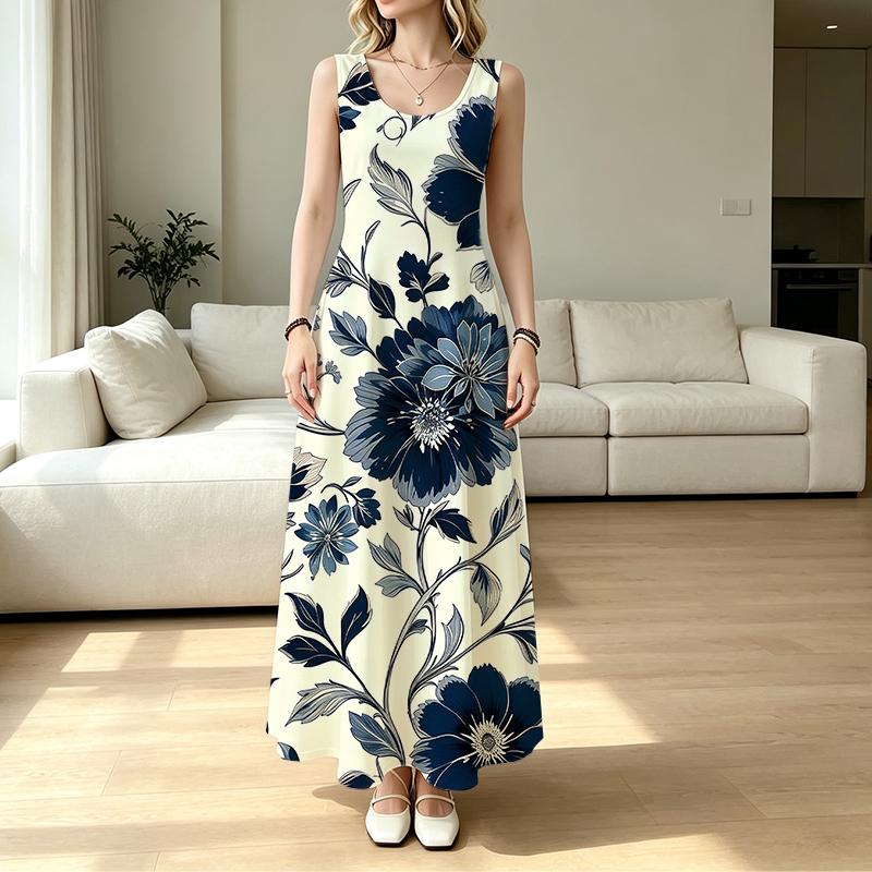 Elegant Sleeveless Floral Maxi Dress,Lightweight Full Flowy Skirt,Floor Length Summer Dress for Vacation,Daily Casual & Home Wear