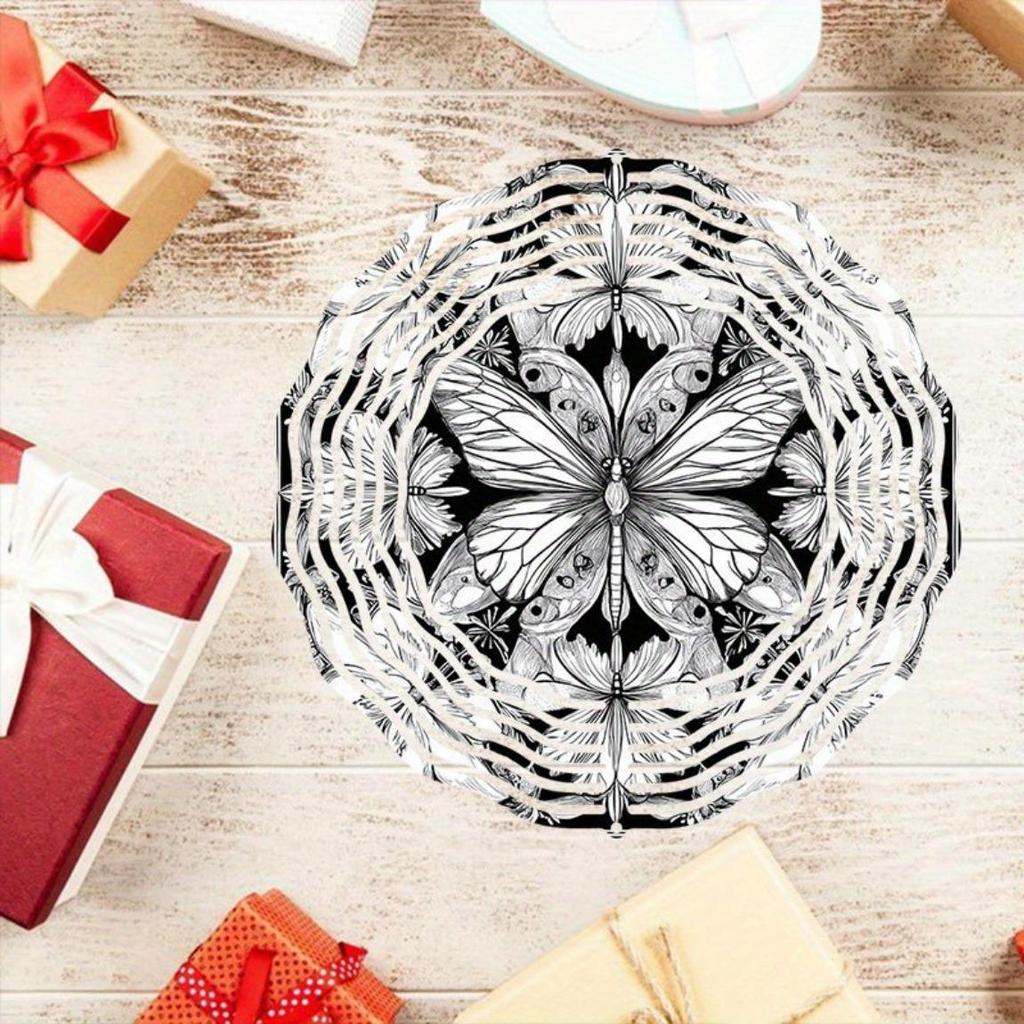 Hand-Painted Black & White 3D Butterfly Mandala Wind Chime – Rotating Garden Art Decor for Home, Courtyard