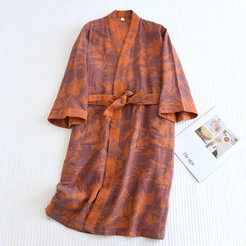 Men's Cotton Jacquard Long Sleeve Robe with Belt - Comfortable Couple Style Bathrobe.