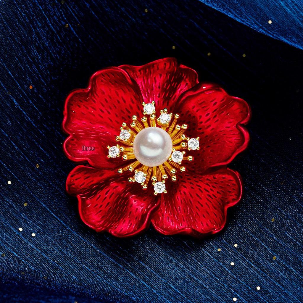 Bo Xin Yun Luxury Pearl Red Flower Brooch – High-End Fashion Corsage Pin