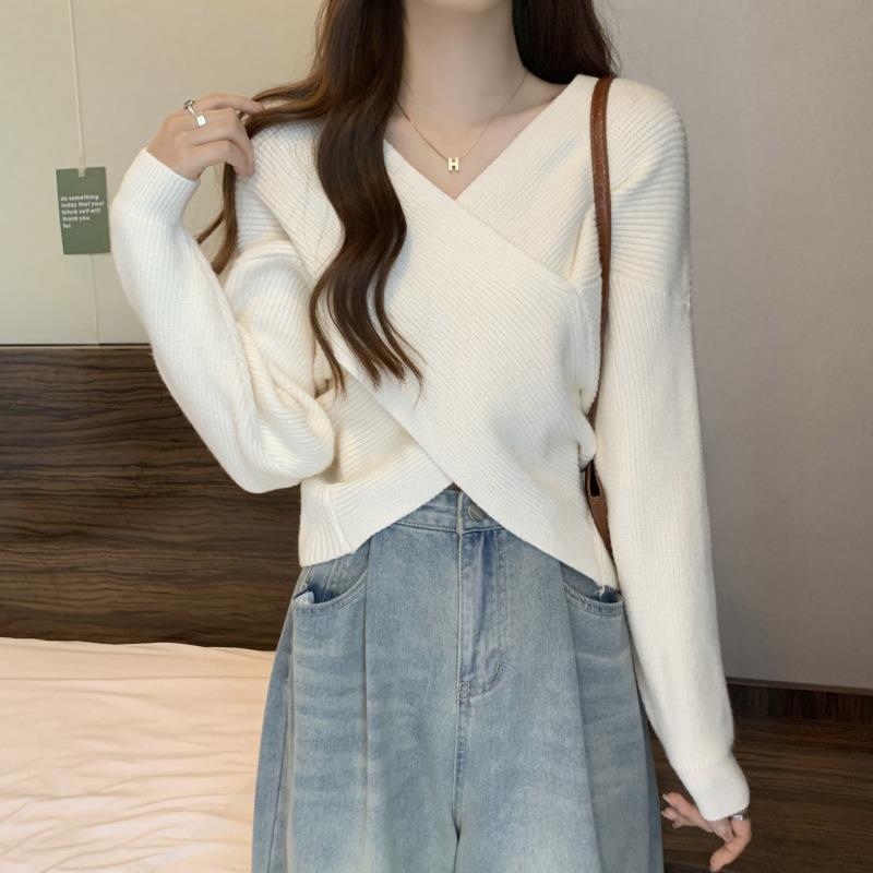 

Осень Зима V-образный вырез Крест Неравномерный Однотонный Повседневный Свитер Женский Элегантный Универсальный Пуловер Вязаный Топ onesize белый