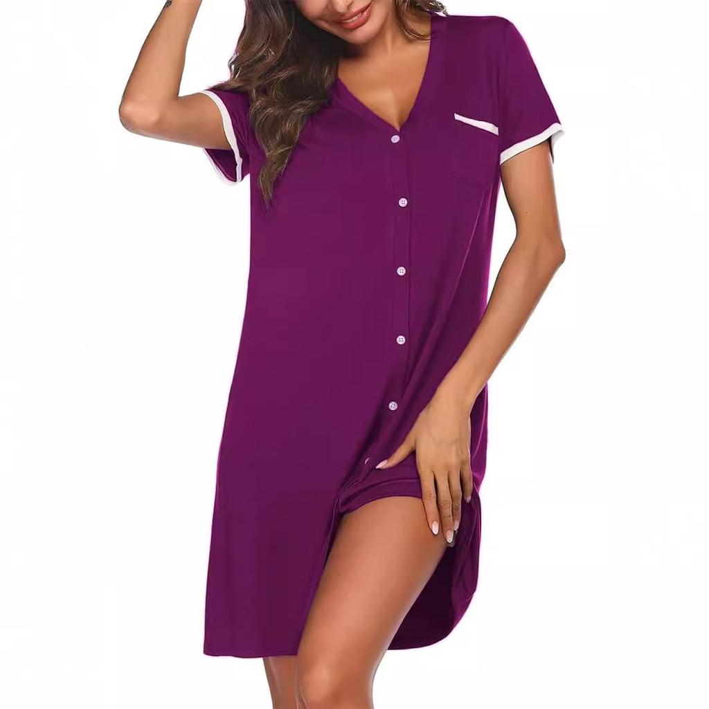 For Women V-neck Short-sleeved Contrasting Color Home Wear Simple Women Short Nightgown Summer Mid-length Dress with Pockets