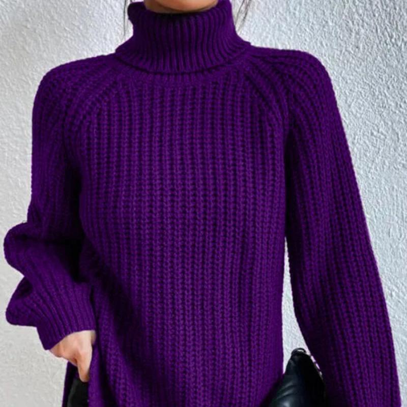 Autumn and Winter Fashion Knitwear Mid-length Raglan Sleeves High Lapel Split Sweater Women