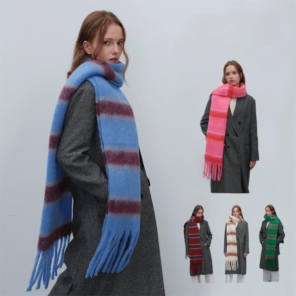 Long Stripe Wool Scarf Plush Women Cape Elegant Warm Wraps  Autumn
