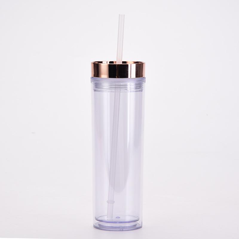 16Oz Double-Layer Plastic Straw Cup, Simple Skinny Straight Cup, Fixed Rose Gold Electroplated Lid Water Cup