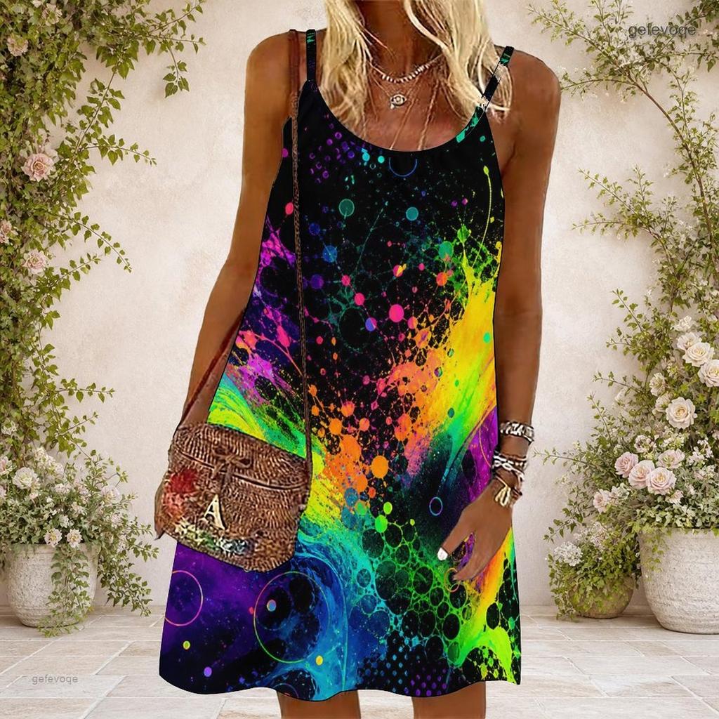 Women Plus Size Sleeveless Cami Dress Round Neck Rainbow Tie Dye Print Loose Casual Dress