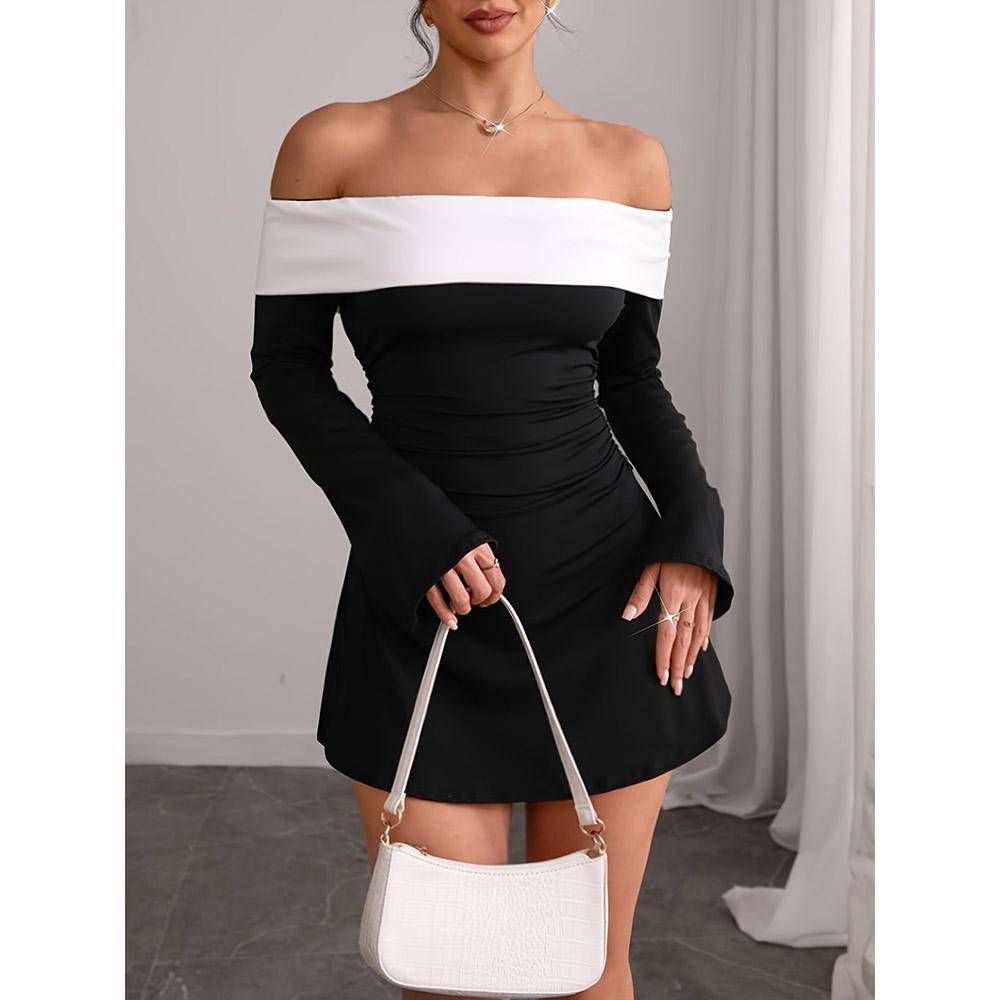 Women Elegant Off Shoulder Long Sleeve Bodycon Dress Stretchy Outfit