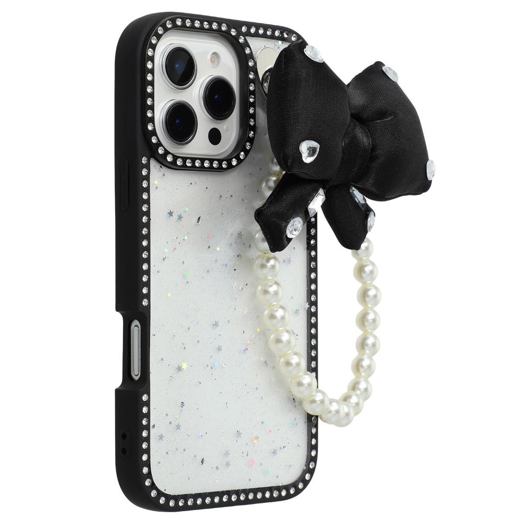 For iPhone 16 Pro Max Case Glitter Epoxy Design TPU+PC Phone Back Cover with Bow Strap,Rhinestone Decor