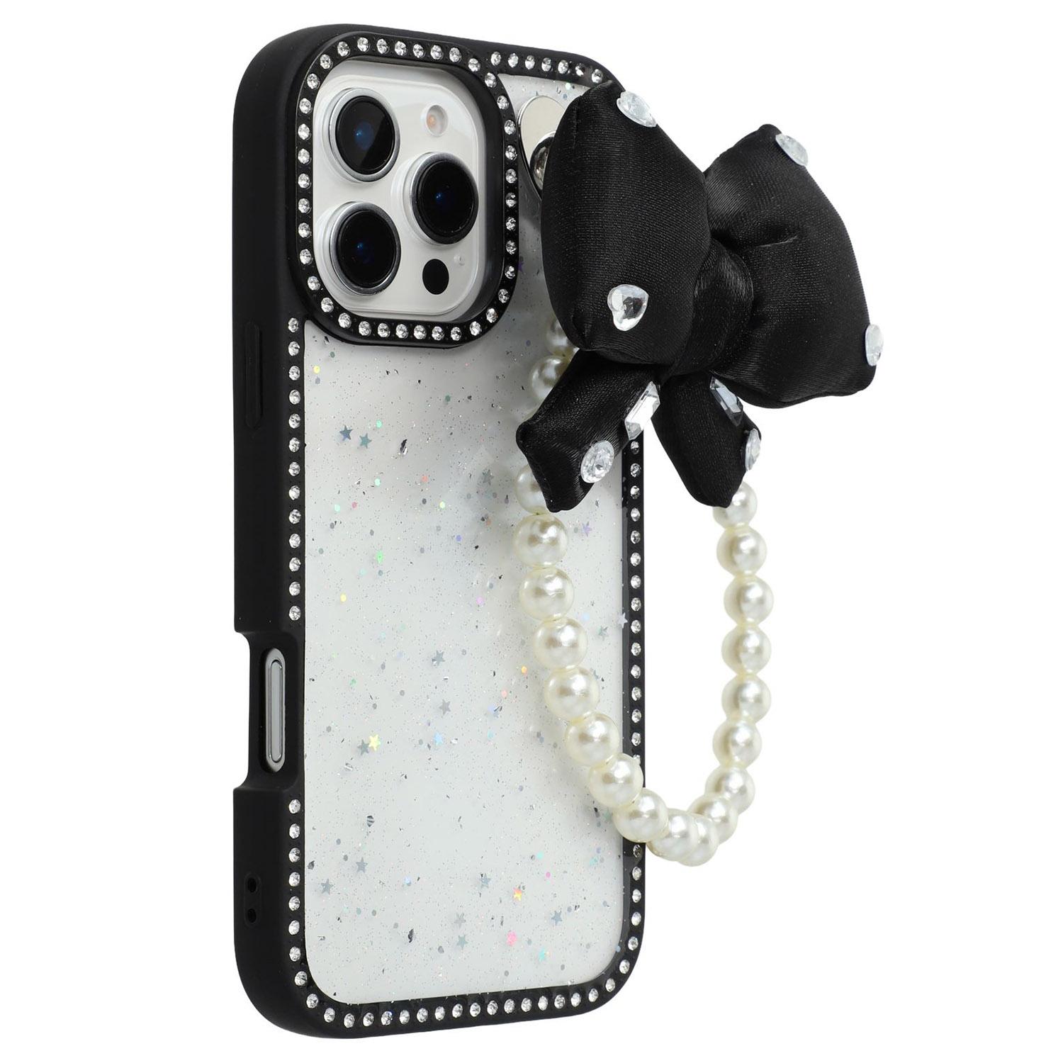 

For iPhone 16 Pro Max Case Glitter Epoxy Design TPU+PC Phone Back Cover with Bow Strap,Rhinestone Decor Black