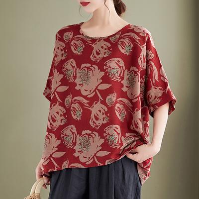 Ρούχα Μεγάλα Μεγέθη Μπλούζες Κοντομάνικα Πουκάμισα Λαιμόκοψη Casual Φαρδιά Ρούχα Μπλούζα με Φλοράλ Σχέδιο Γυναικεία Βαμβακερή Λινά Μπλούζα