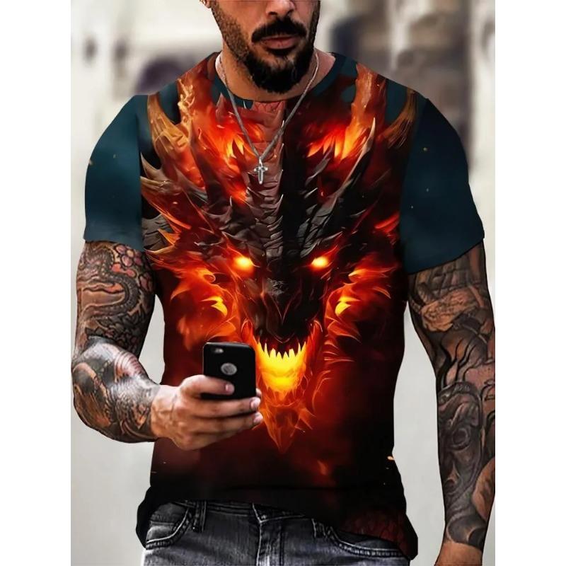 Fashion Gothic Dragon Print T-shirt Men Street Casual Personality Cool T-shirt Tops