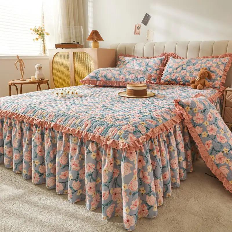 3pcs Floral Pattern Cotton Bed Skirt Seasonal Universal Thick Bed Sheets Ruffle Edge Skirt Hem Anti Slip Dustproof Bedspread
