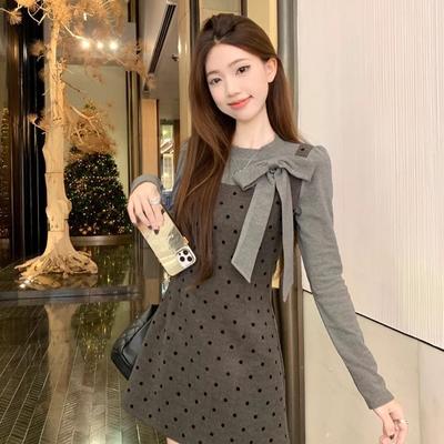 Korean Two-piece Bow Polka Dot Dress Set, Spring/autumn New Waist-cinching A-line Long Skirt for Women