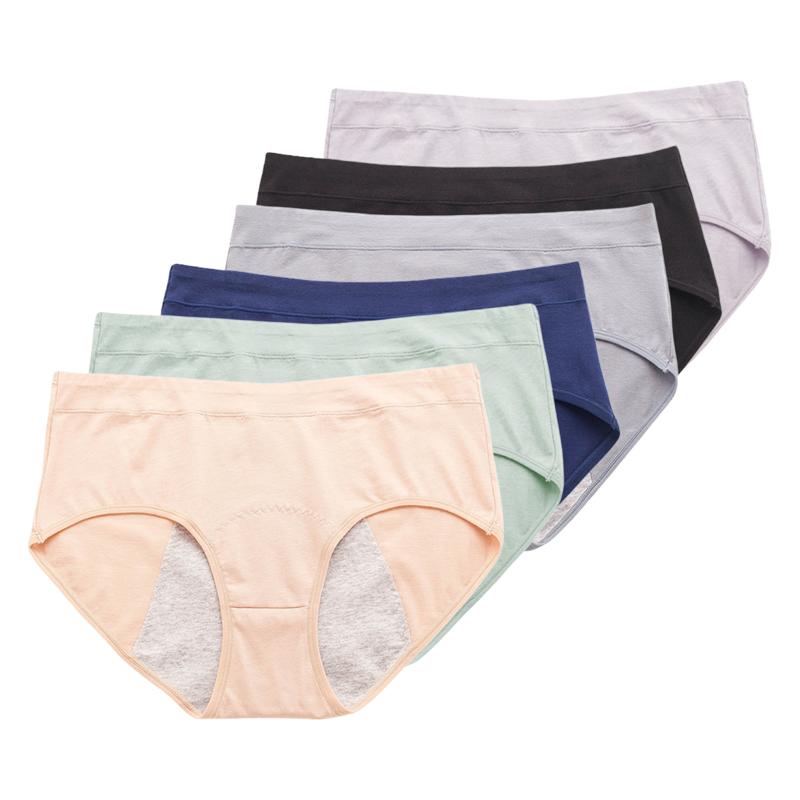 6PCS Ladies Leakproof Menstrual Panties Cotton Mid Rise Soft Breathable Daily Underwear