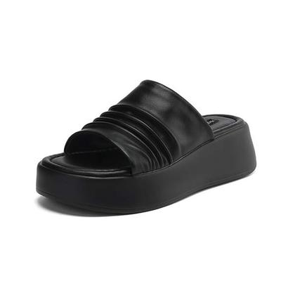 Cow Skin Summer Size 40 Outside Slippers Thick Bottom Flat Platform Pleated Decoration Women Flip Flops Sandals