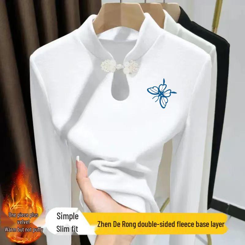 

Women s Autumn/Winter Frog Button Stand Collar Print Long Sleeve T-shirt S (under 80 lbs)