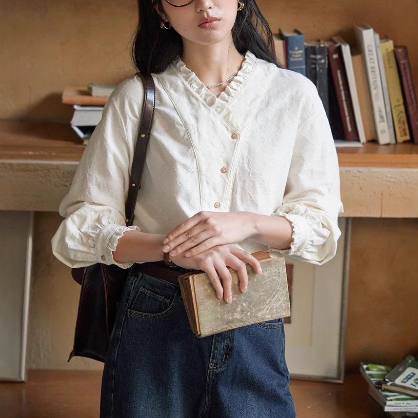 French retro plaid v-neck ruffle edge shirt women's long-sleeved shirt top thousand bird plaid