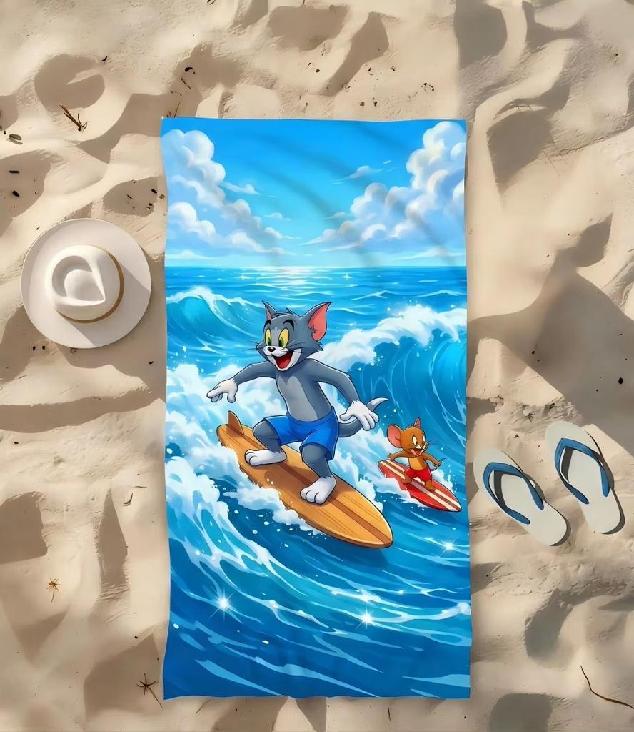 T-Tom and J-Jerry Surfing Ocean Wave Beach Towel Microfiber Quick Dry Absorbent Ideal for Swimming Camping Bathing Gift