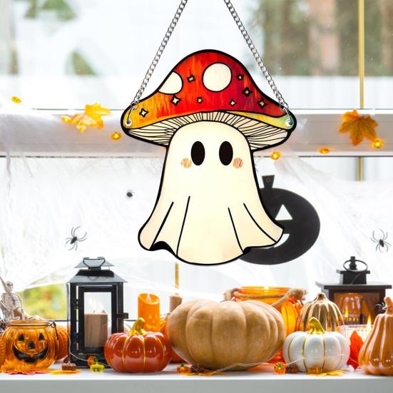 Halloween Cute Ghost Suncatcher Stained Glass Style Acrylic Window Hanging Ghost Light Catcher for Window Wall Decor