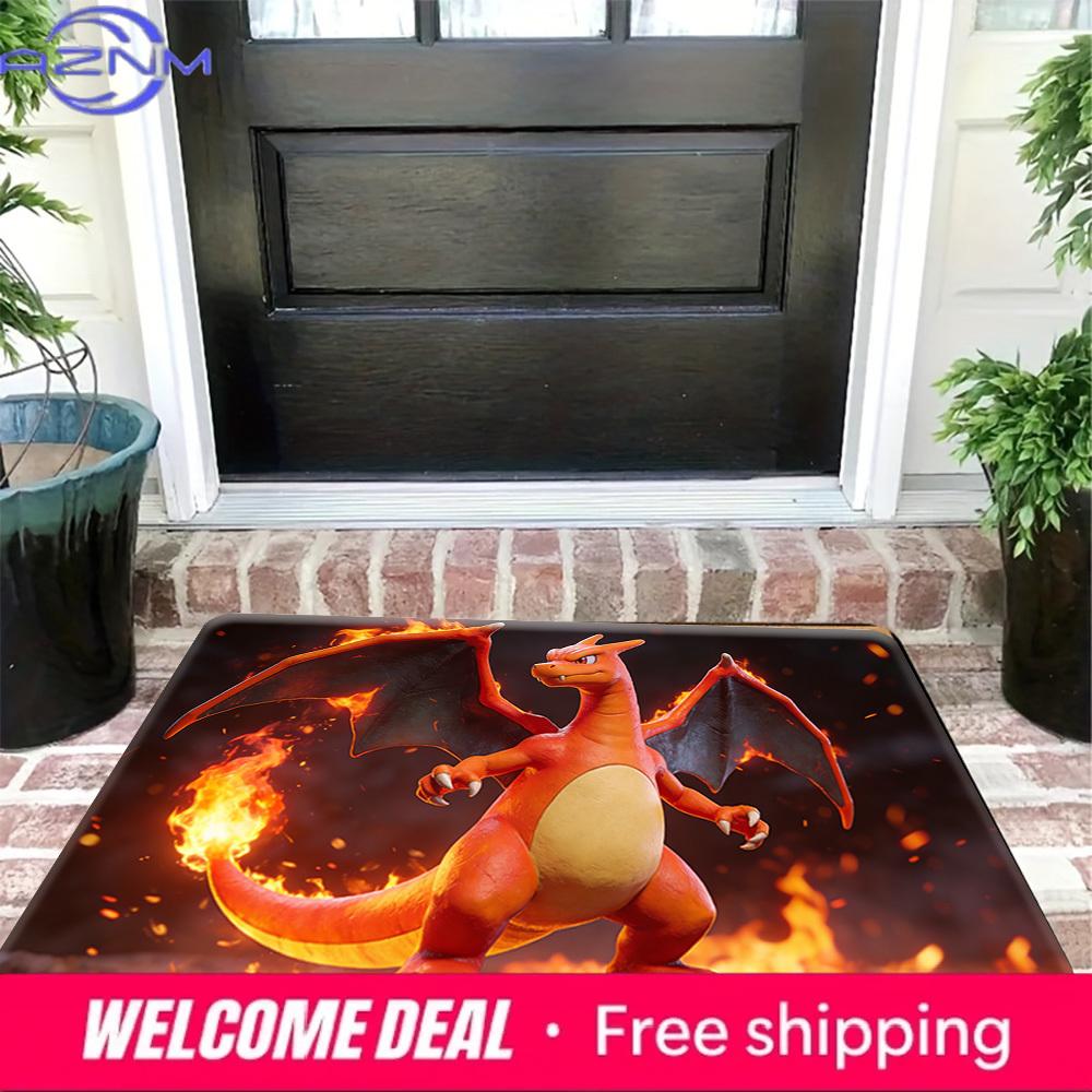 3D Charizard Fire Background Print Non-slip Doormat, Soft Absorbent Floor Rug for Home Decor