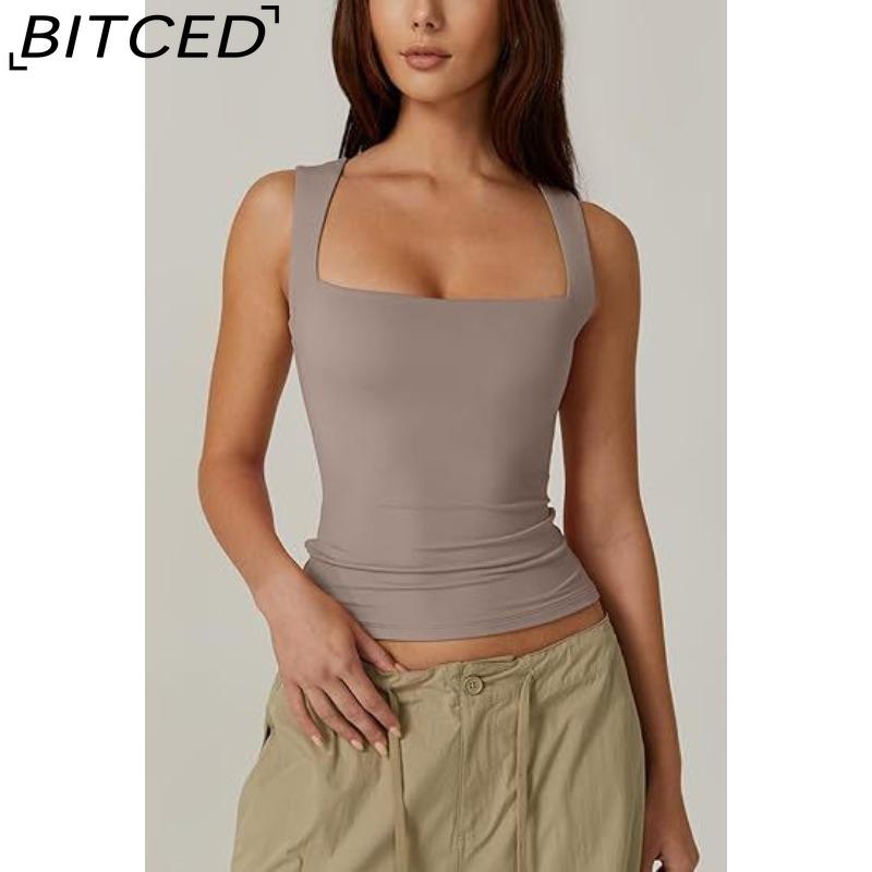 BITCED Women's Summer Square Neck Sleeveless Double-Layer Tank Top Basic Fitted T-Shirt