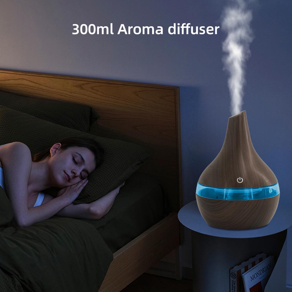 300ml Wood Grain Humidifier & Essential Oil Diffuser  Quiet Ultrasonic for Home Office Desk