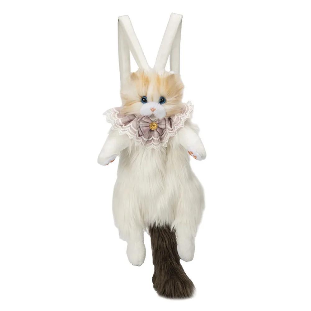 Langharige Pluizige Kat Poppenrugzak Super Realistische Strik Pluche Kat Rugzak Ragdoll Kat Handgemaakt Schattige Damesrugzakken