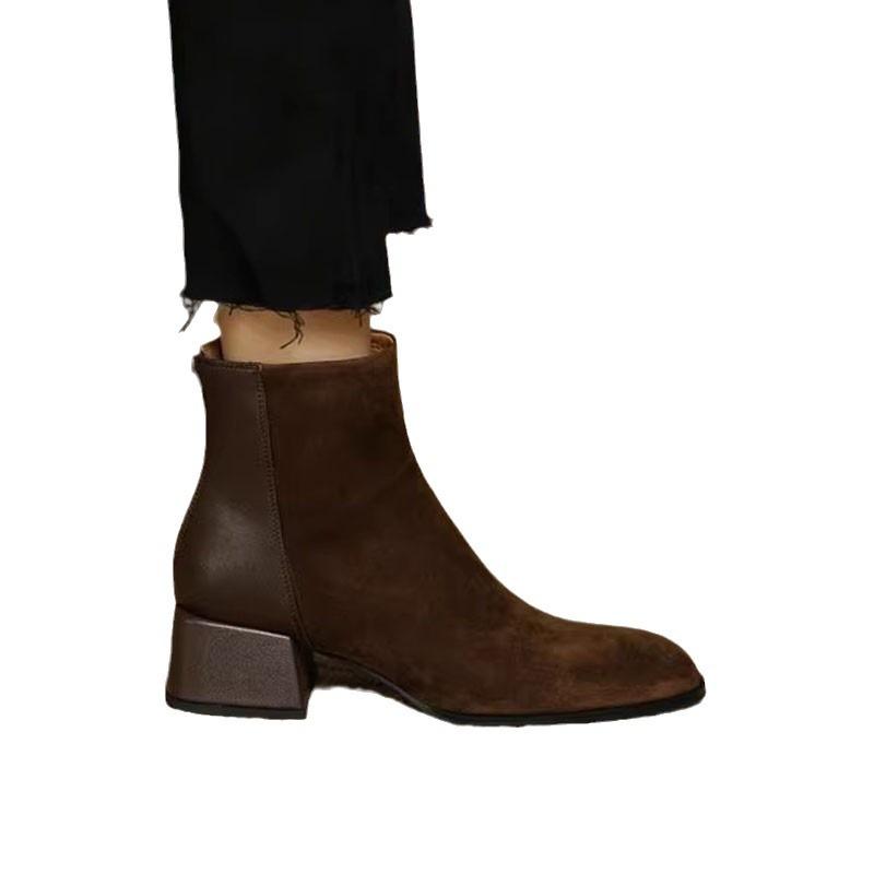 Short boots autumn and winter new square head thin boots thick heel back zipper fashion boots literary and retro boots