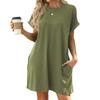 2026 Spring/Summer Solid Color Round Neck Pocket Loose Short-Sleeved Dress