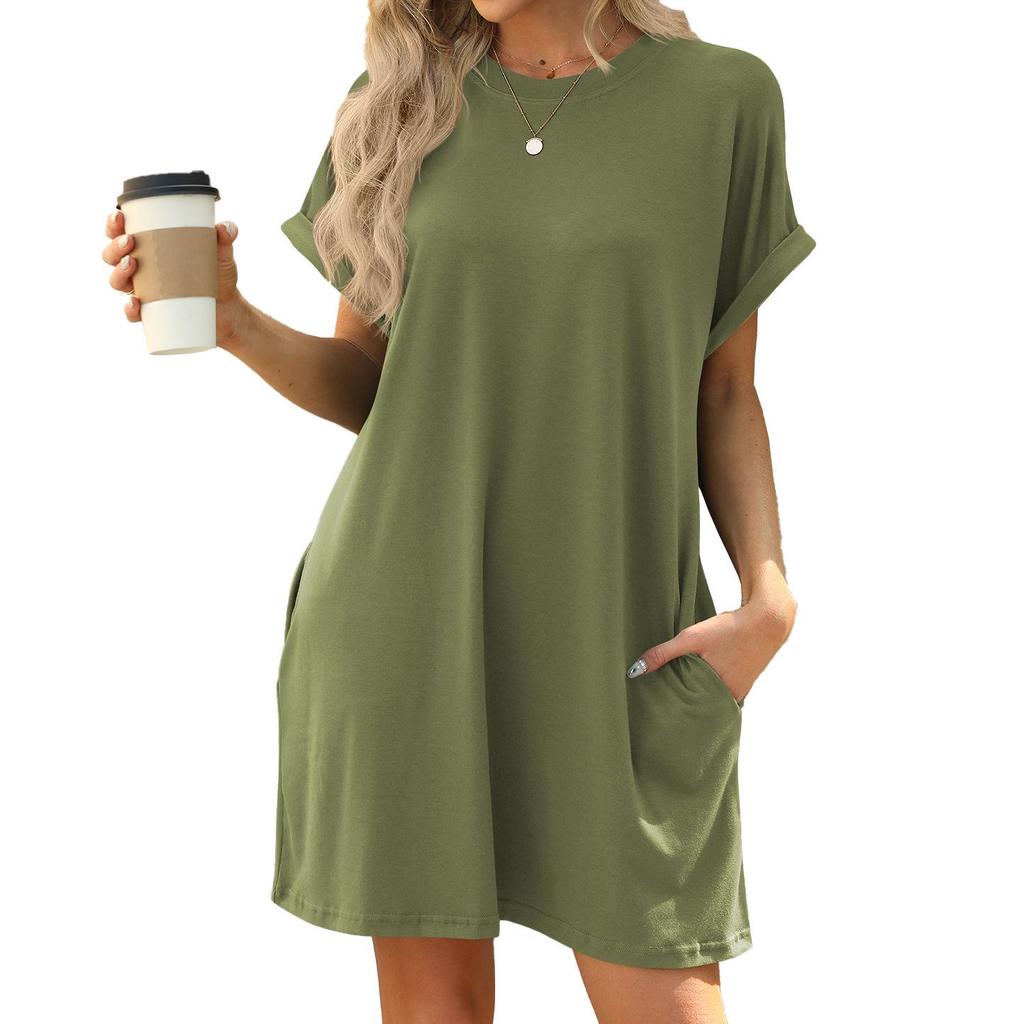 2026 Spring/Summer Solid Color Round Neck Pocket Loose Short-Sleeved Dress