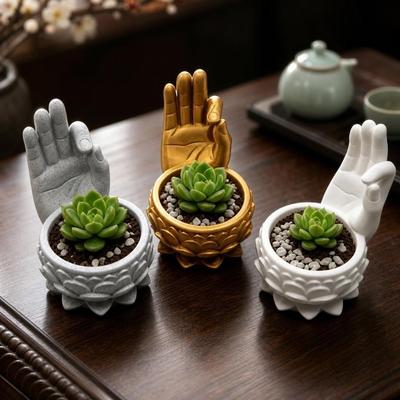 Portable 3D Printed Lotus Shaped Flower Pot Ok Hand Funny Succulent Planter Lightweight Creative Zen Plant Pot Tea Table