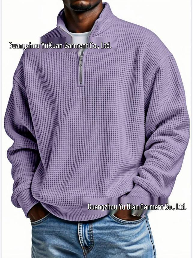 Men's European Style Waffle Knit High Collar Half-Zip Hoodie