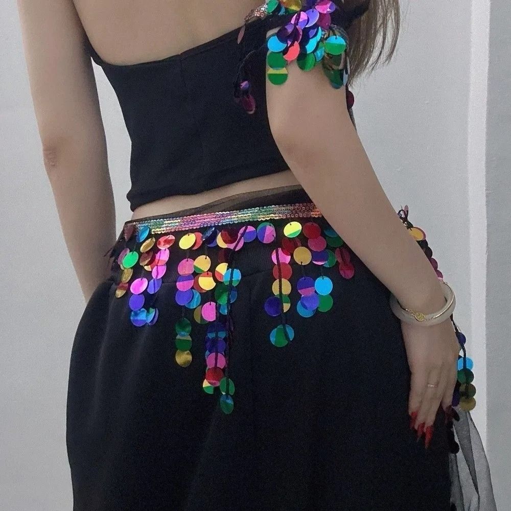 Cymbal Sequins Tassel Waist Wrap Adjustable Tie Dance Hip Skirt Stage Waist Chain Kpop Performance