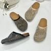 Fashion Women Summer New Round Toe Soft Sole Platform Sole Lazy Slip-on Beach Baotou Slippers Woven Rhinestone Cool Drag