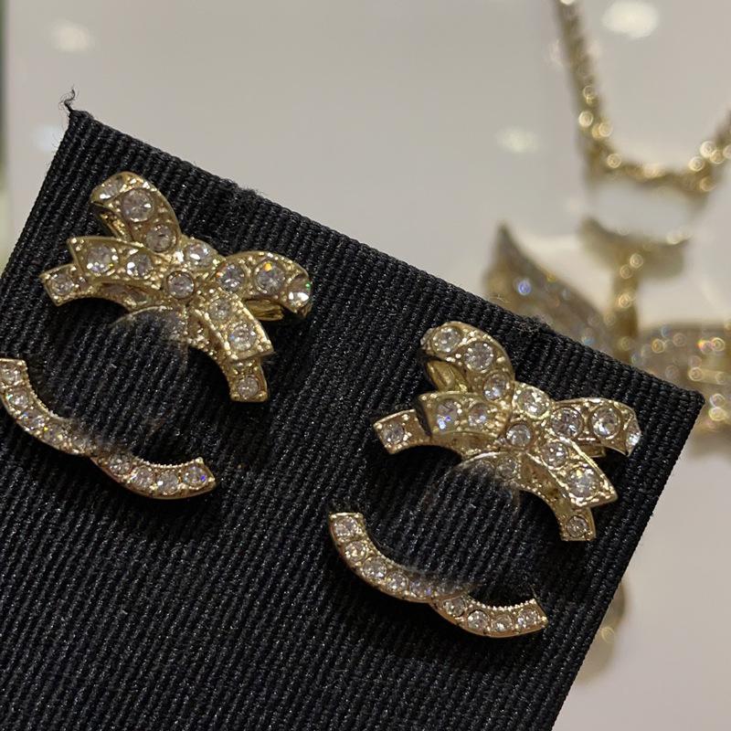 Champagner-Gold Strass-Schleifenohrringe - High-End Leichter Luxus Silber Vintage Mode für Damen