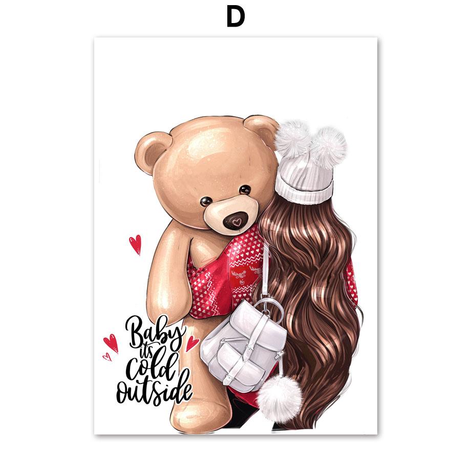 Nordic Prints Art Canvas Painting Wall Pictures for Living Room Decor, Teddy Bear, Rose Flower, Fashion Dress, Girl, Dog