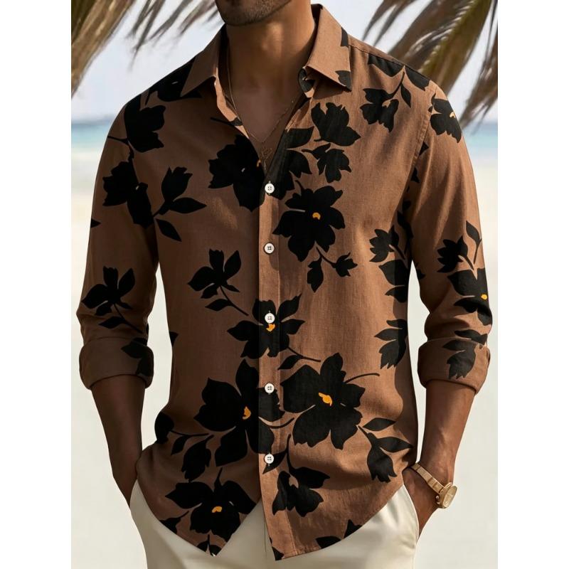 Herrenbluse mit Blumenprint, langen Ärmeln und Kragen für Urlaub und Freizeit, Strandreise-Trend, Herrenbekleidung